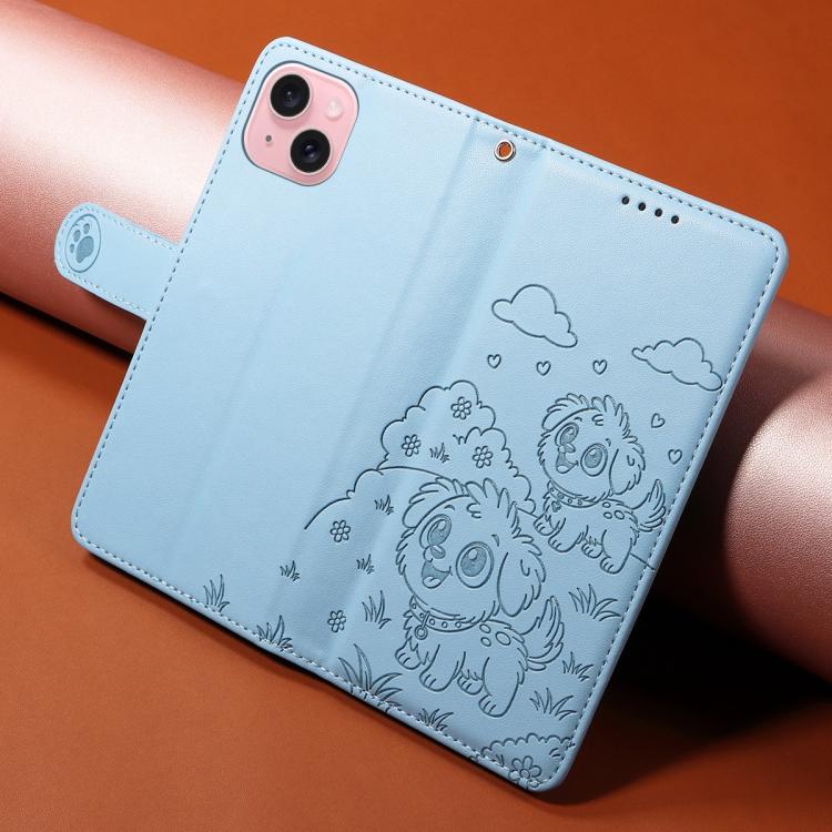 For iPhone 15 Plus Embossed Heart Dog RFID Blocking Wallet Leather Phone Case