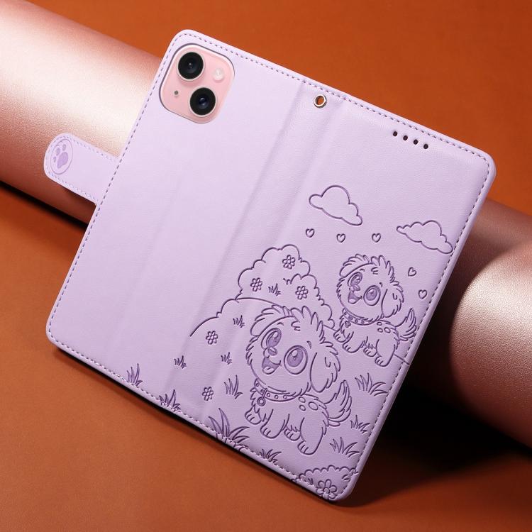 For iPhone 15 Embossed Heart Dog RFID Blocking Wallet Leather Phone Case