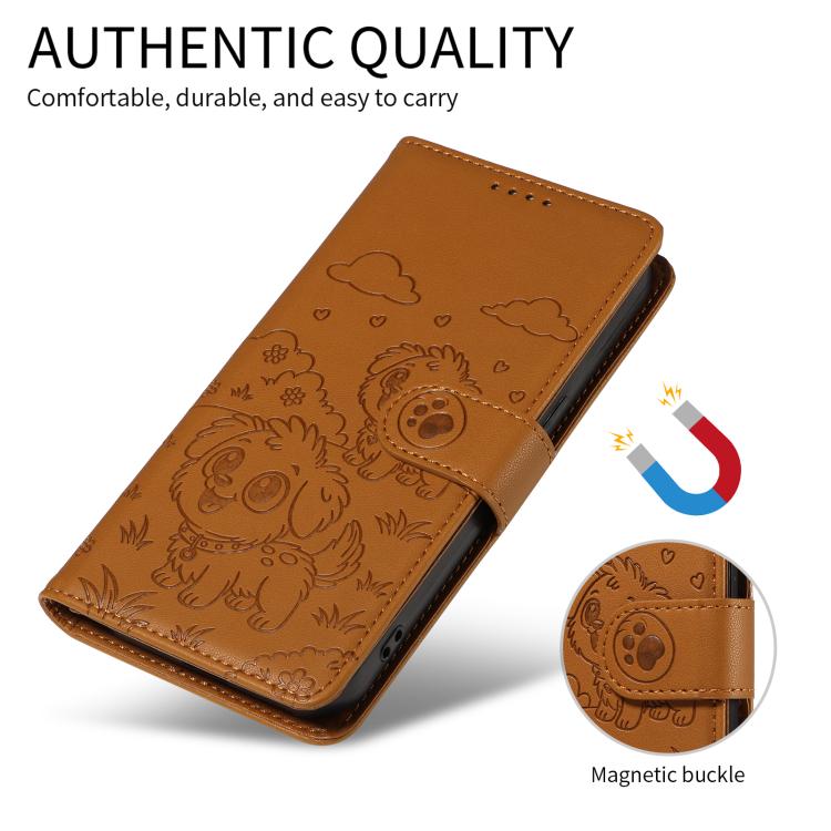 For iPhone 15 Embossed Heart Dog RFID Blocking Wallet Leather Phone Case