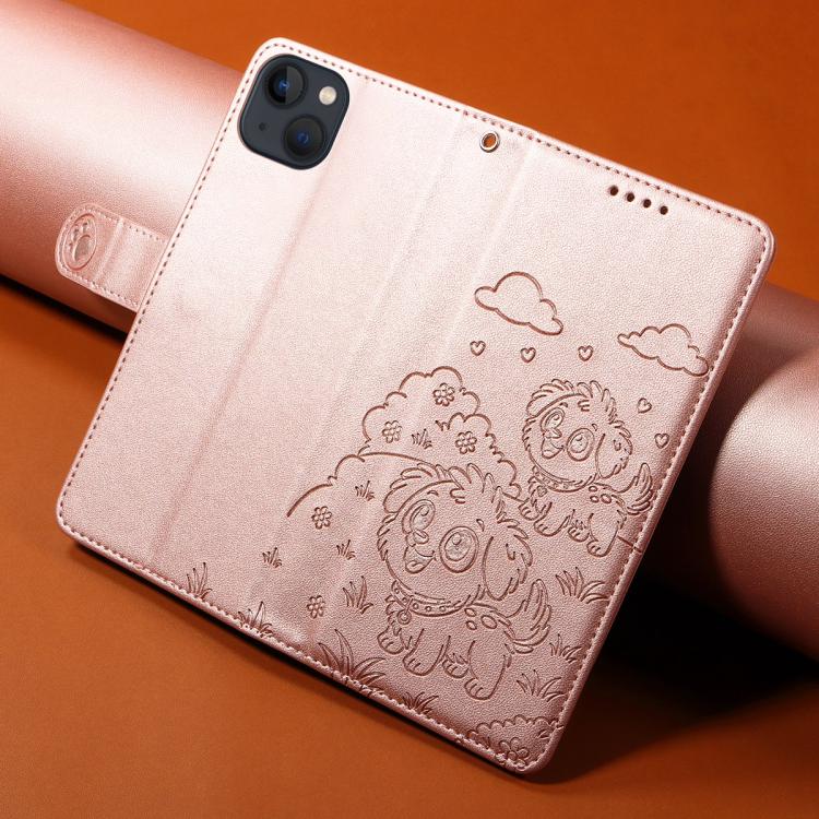 For iPhone 14 Plus Embossed Heart Dog RFID Blocking Wallet Leather Phone Case