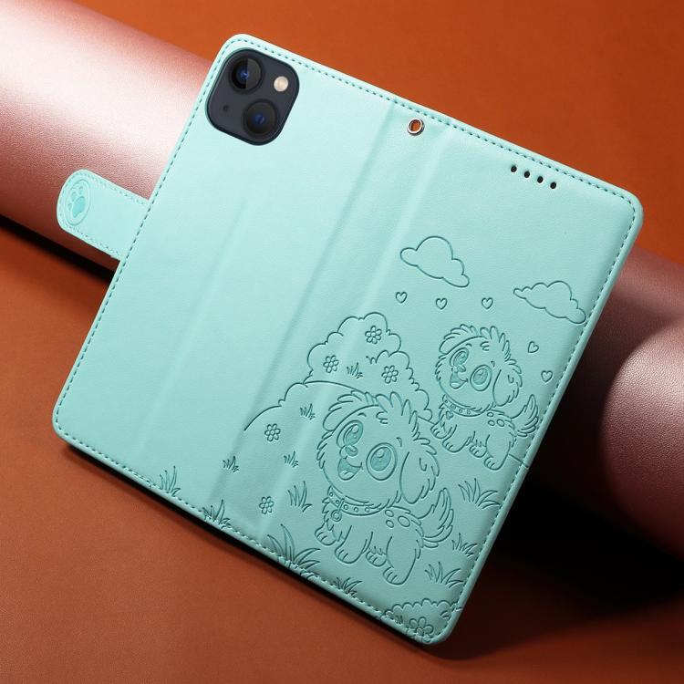 For iPhone 14 / 13 Embossed Heart Dog RFID Blocking Wallet Leather Phone Case