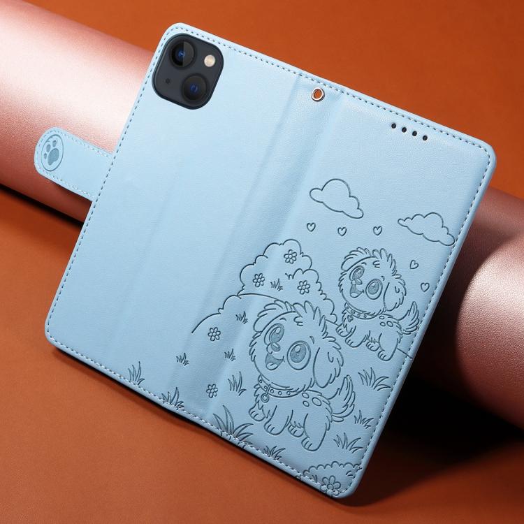 For iPhone 14 / 13 Embossed Heart Dog RFID Blocking Wallet Leather Phone Case
