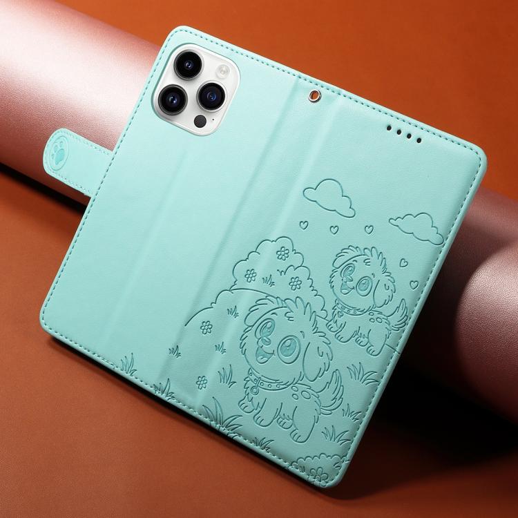 For iPhone 14 Pro Embossed Heart Dog RFID Blocking Wallet Leather Phone Case