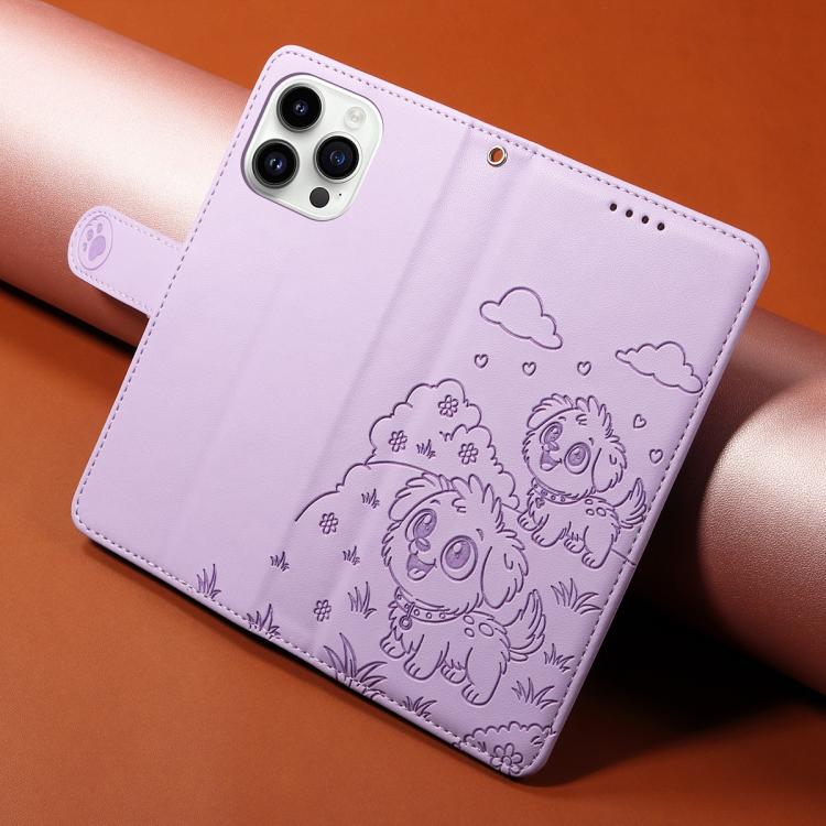 For iPhone 14 Pro Embossed Heart Dog RFID Blocking Wallet Leather Phone Case