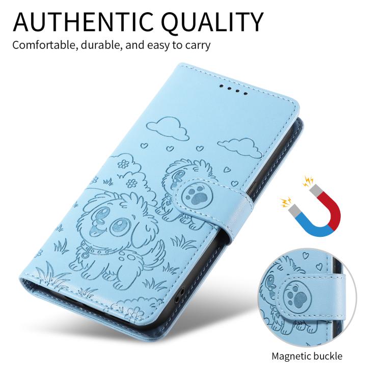 For iPhone 14 Pro Max Embossed Heart Dog RFID Blocking Wallet Leather Phone Case