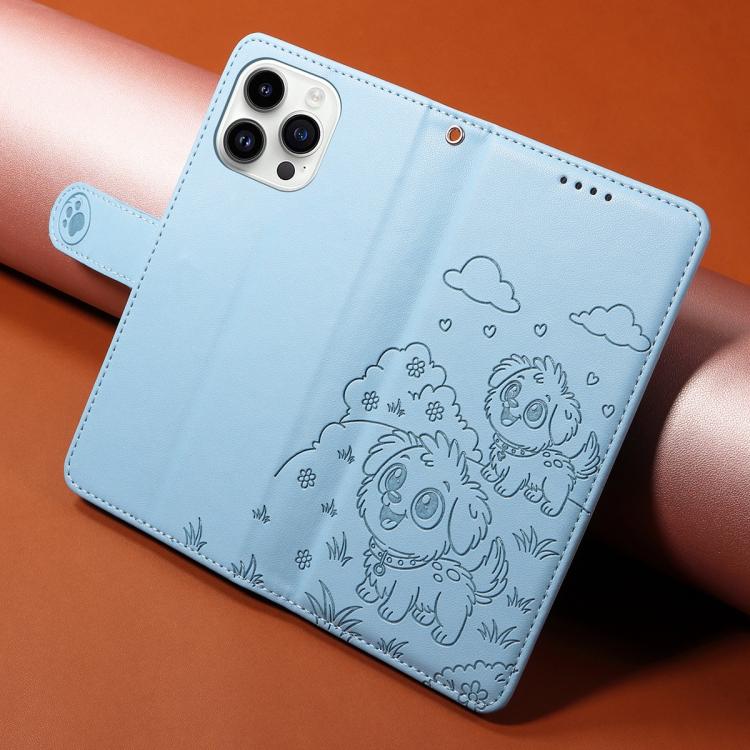 For iPhone 14 Pro Max Embossed Heart Dog RFID Blocking Wallet Leather Phone Case