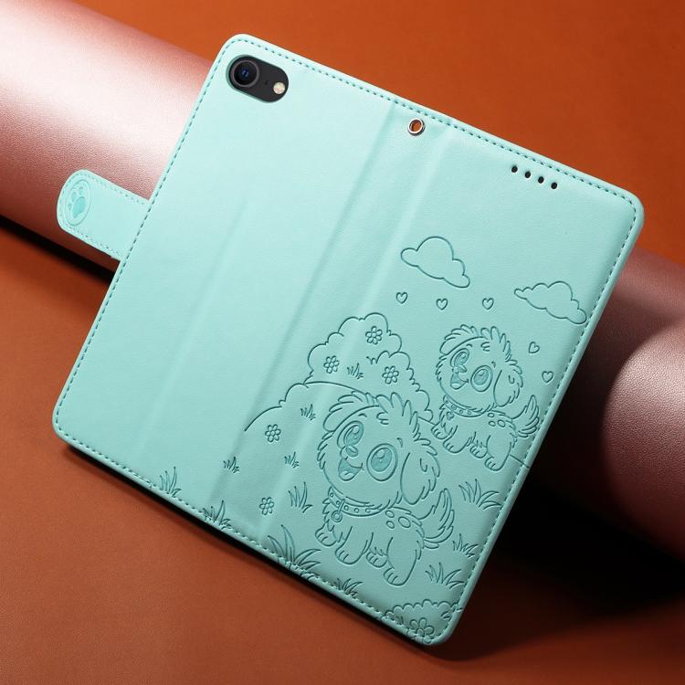 For iPhone 7 / 8 / SE 2022 Embossed Heart Dog RFID Blocking Wallet Leather Phone Case