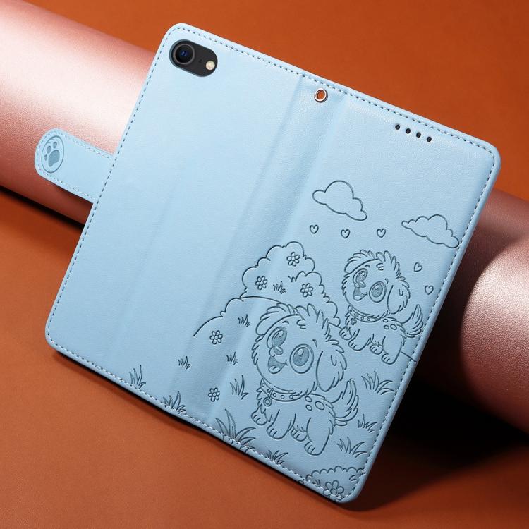 For iPhone 7 / 8 / SE 2022 Embossed Heart Dog RFID Blocking Wallet Leather Phone Case
