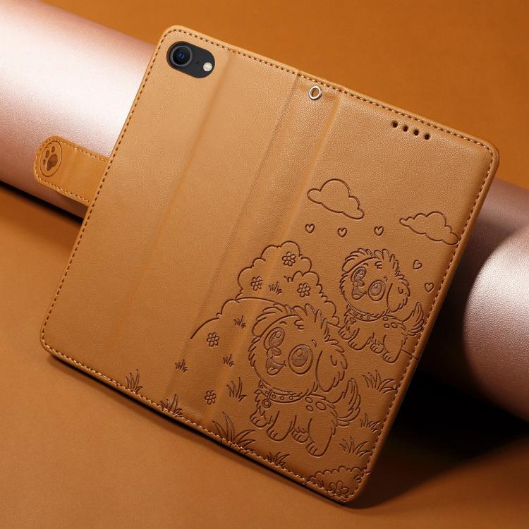 For iPhone 7 / 8 / SE 2022 Embossed Heart Dog RFID Blocking Wallet Leather Phone Case
