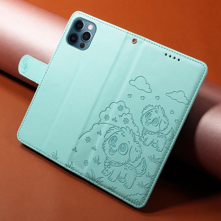 For iPhone 13 Pro Max Embossed Heart Dog RFID Blocking Wallet Leather Phone Case