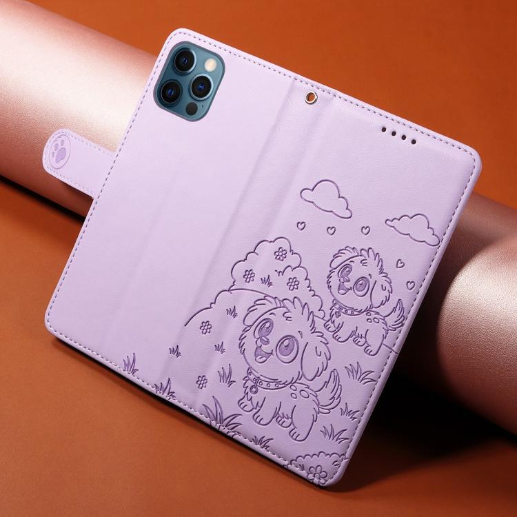For iPhone 12 / 12 Pro Embossed Heart Dog RFID Blocking Wallet Leather Phone Case