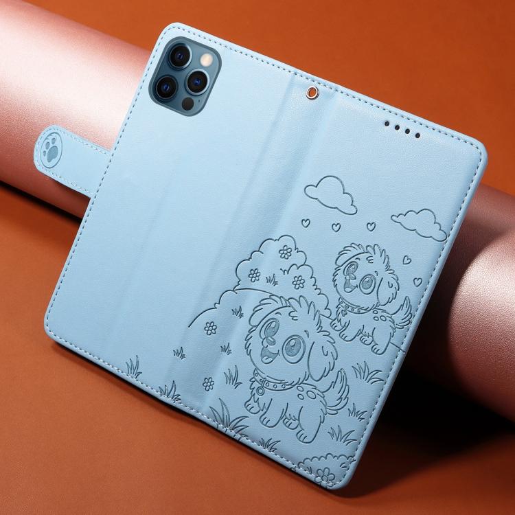 For iPhone 12 / 12 Pro Embossed Heart Dog RFID Blocking Wallet Leather Phone Case