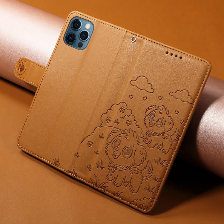 For iPhone 12 / 12 Pro Embossed Heart Dog RFID Blocking Wallet Leather Phone Case