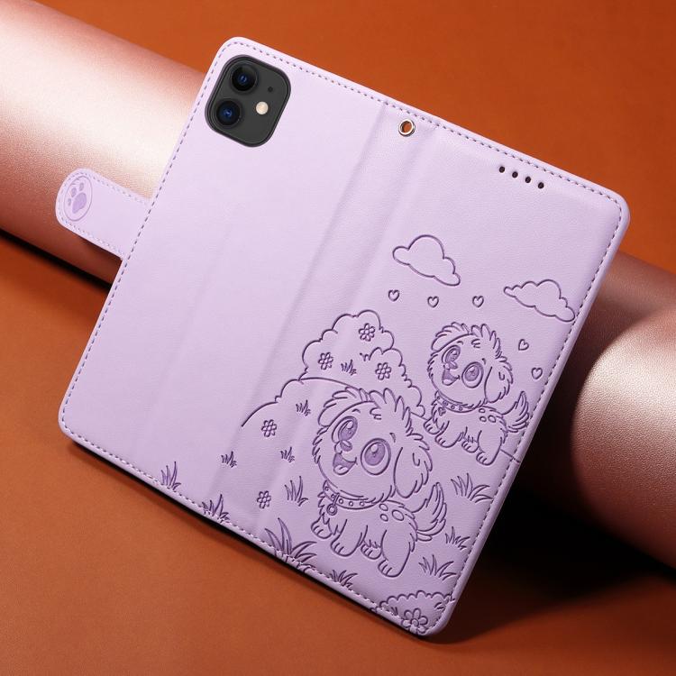 For iPhone 12 mini Embossed Heart Dog RFID Blocking Wallet Leather Phone Case