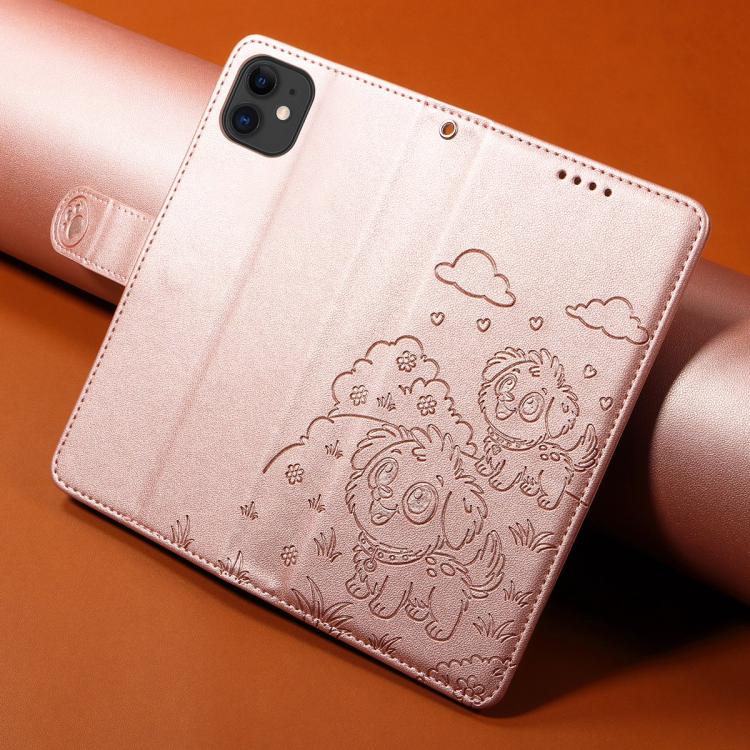 For iPhone 12 mini Embossed Heart Dog RFID Blocking Wallet Leather Phone Case