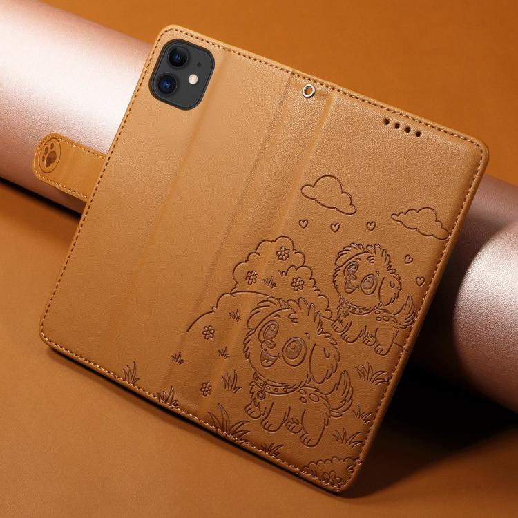 For iPhone 12 mini Embossed Heart Dog RFID Blocking Wallet Leather Phone Case