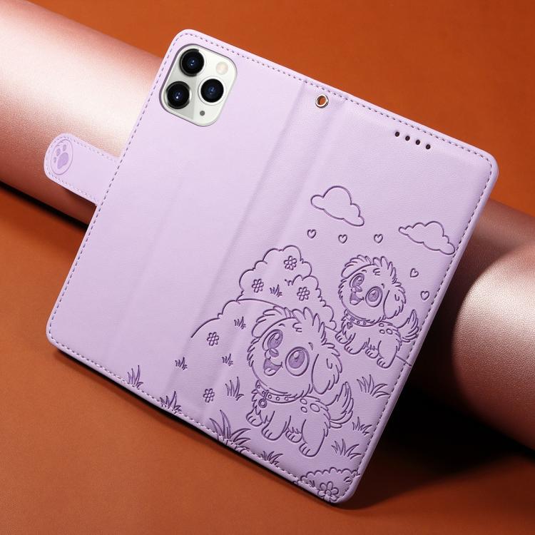 For iPhone 11 Pro Max Embossed Heart Dog RFID Blocking Wallet Leather Phone Case