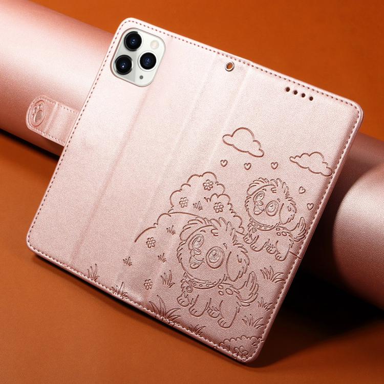 For iPhone 11 Pro Max Embossed Heart Dog RFID Blocking Wallet Leather Phone Case