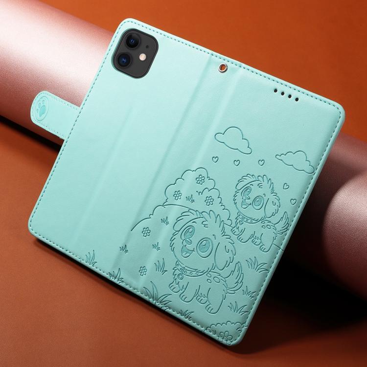 For iPhone 11 Embossed Heart Dog RFID Blocking Wallet Leather Phone Case