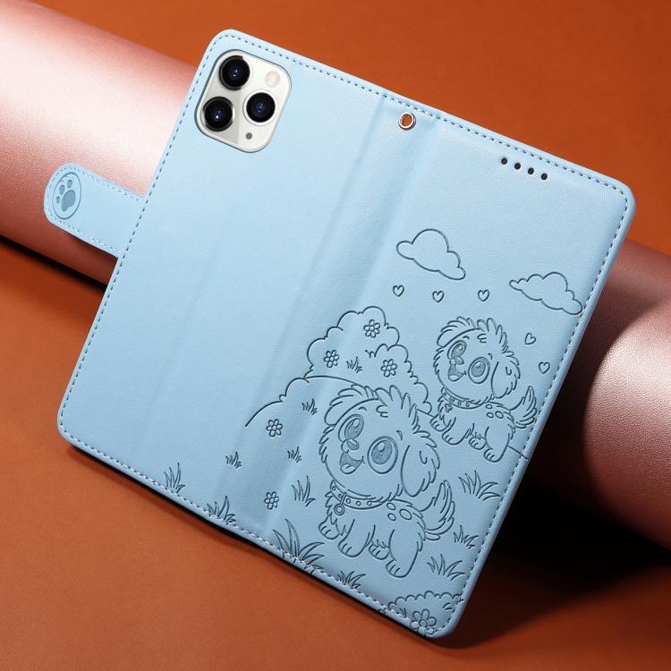 For iPhone 11 Pro Embossed Heart Dog RFID Blocking Wallet Leather Phone Case