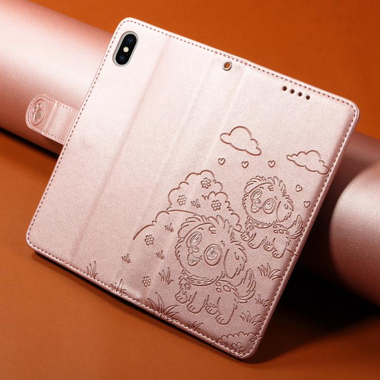 For iPhone X / XS Embossed Heart Dog RFID Blocking Wallet Leather Phone Case