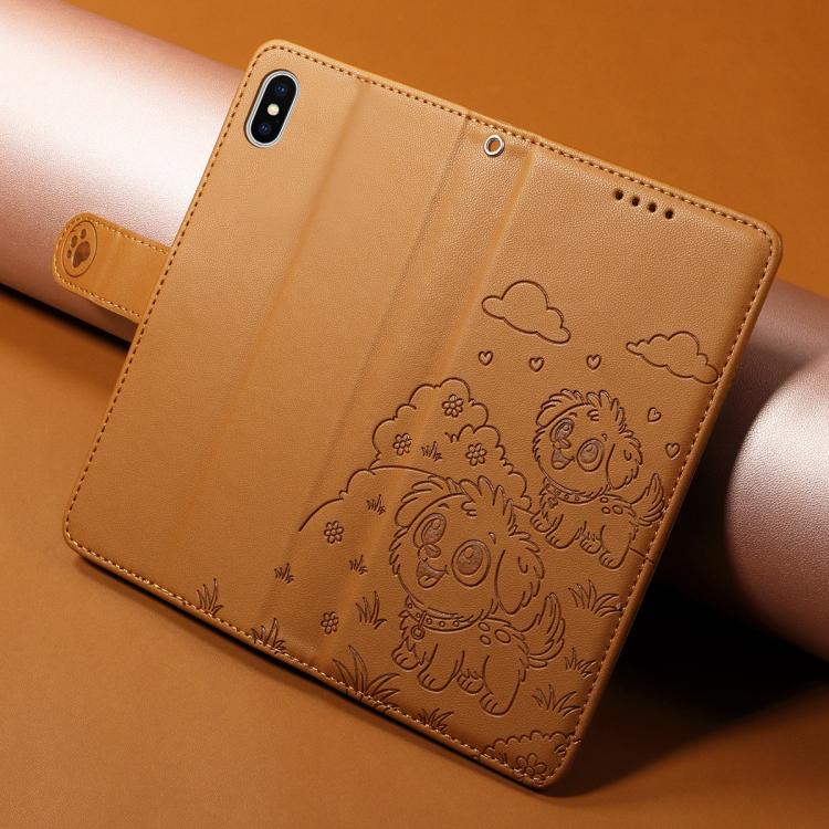 For iPhone X / XS Embossed Heart Dog RFID Blocking Wallet Leather Phone Case
