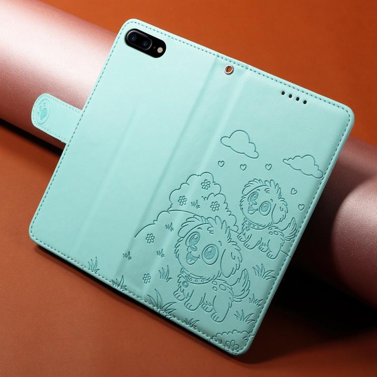 For iPhone 7 Plus / 8 Plus Embossed Heart Dog RFID Blocking Wallet Leather Phone Case