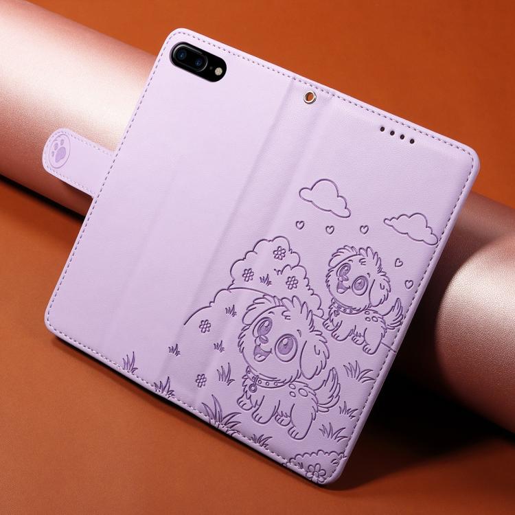 For iPhone 7 Plus / 8 Plus Embossed Heart Dog RFID Blocking Wallet Leather Phone Case