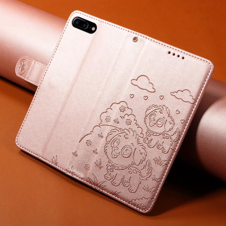For iPhone 7 Plus / 8 Plus Embossed Heart Dog RFID Blocking Wallet Leather Phone Case