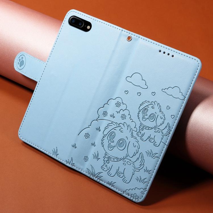 For iPhone 7 Plus / 8 Plus Embossed Heart Dog RFID Blocking Wallet Leather Phone Case