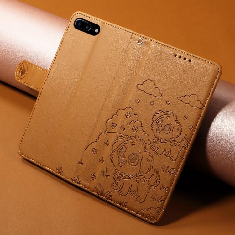For iPhone 7 Plus / 8 Plus Embossed Heart Dog RFID Blocking Wallet Leather Phone Case
