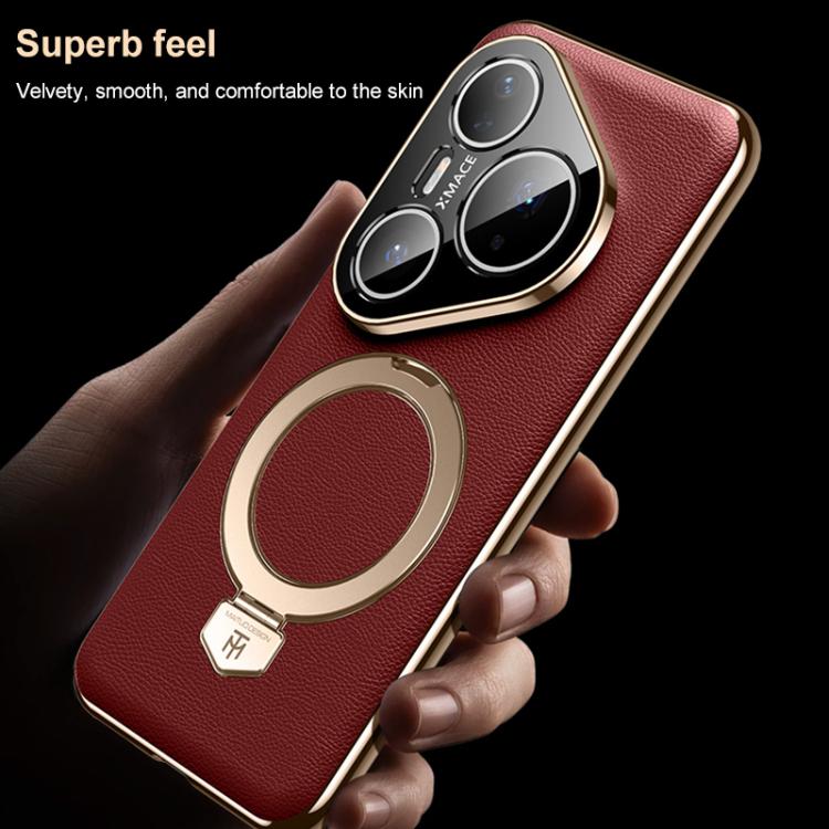 For Huawei Pura 70 Plain Leather MagSafe Holder Phone Case