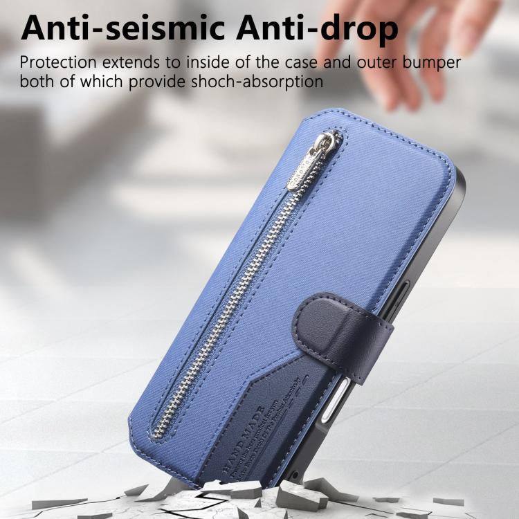 For iPhone 16 Pro Max Twill Fabric MagSafe RFID Anti-theft Zipper Wallet Leather Phone Case