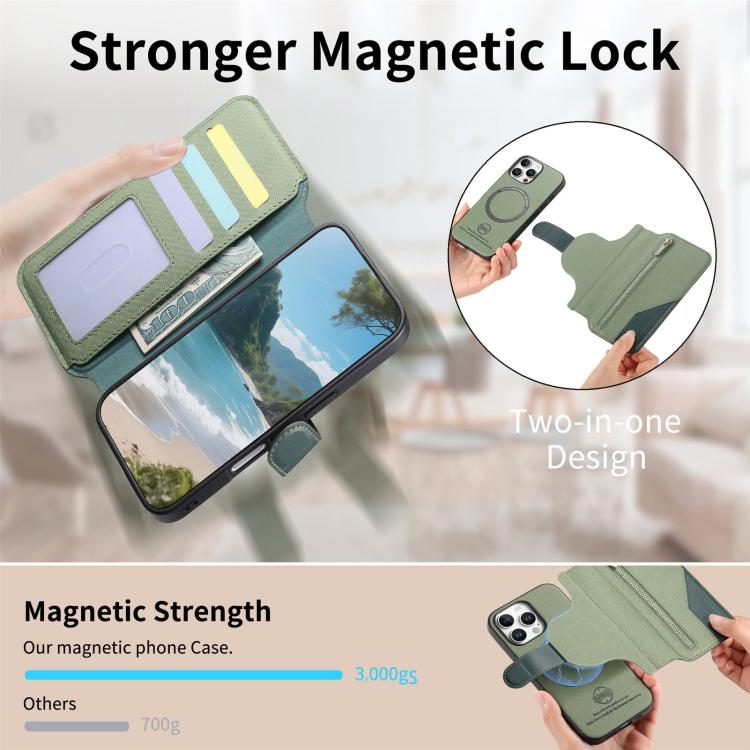For iPhone 16 Pro Max Twill Fabric MagSafe RFID Anti-theft Zipper Wallet Leather Phone Case