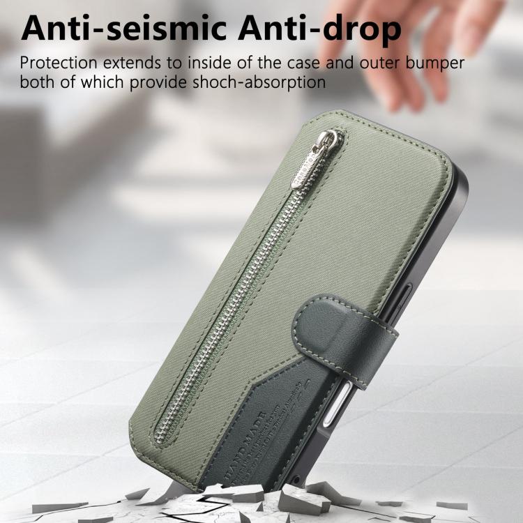 For iPhone 16 Pro Max Twill Fabric MagSafe RFID Anti-theft Zipper Wallet Leather Phone Case