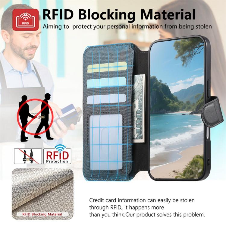 For iPhone 16 Pro Twill Fabric MagSafe RFID Anti-theft Zipper Wallet Leather Phone Case