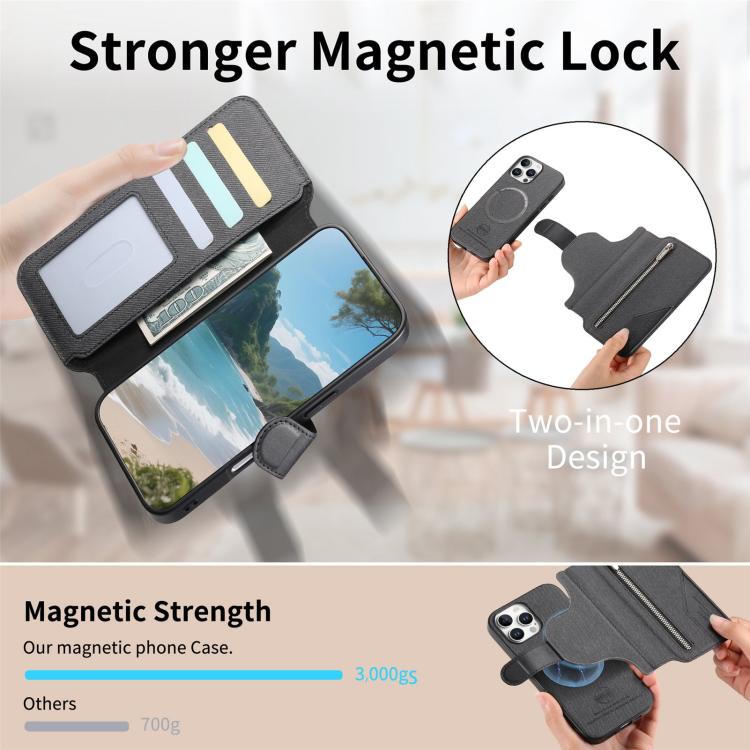 For iPhone 16 Pro Twill Fabric MagSafe RFID Anti-theft Zipper Wallet Leather Phone Case