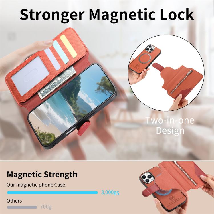 For iPhone 16 Pro Twill Fabric MagSafe RFID Anti-theft Zipper Wallet Leather Phone Case