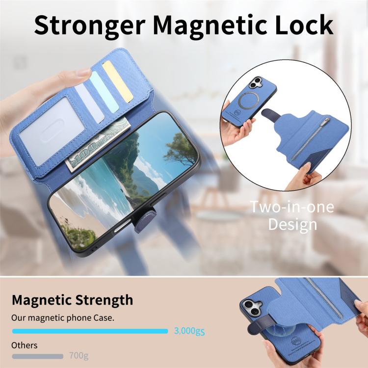 For iPhone 16 Plus Twill Fabric MagSafe RFID Anti-theft Zipper Wallet Leather Phone Case