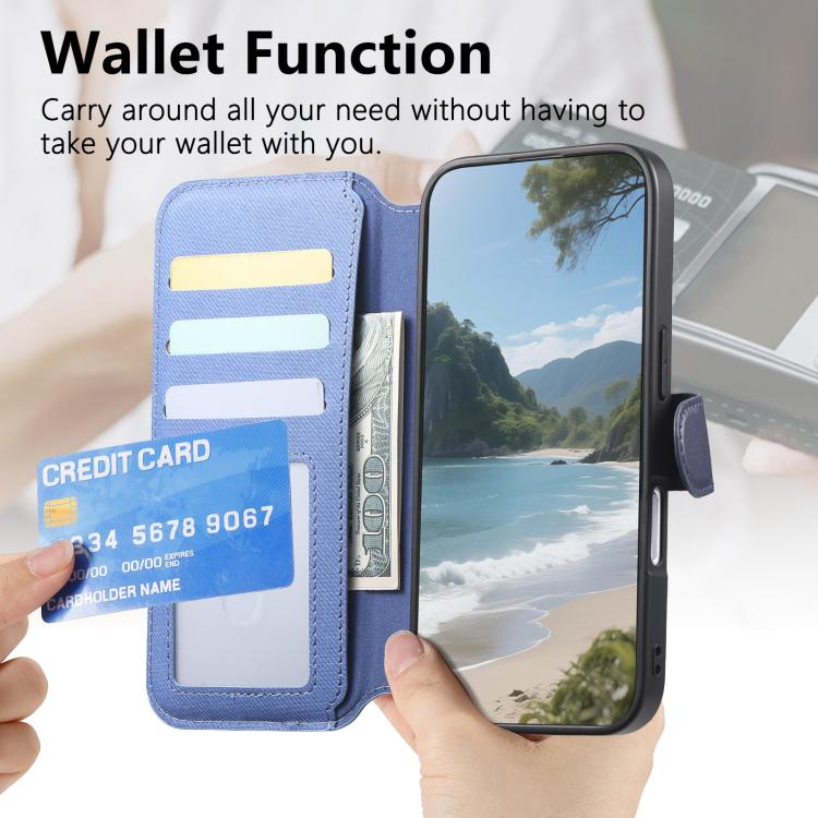 For iPhone 16 Plus Twill Fabric MagSafe RFID Anti-theft Zipper Wallet Leather Phone Case