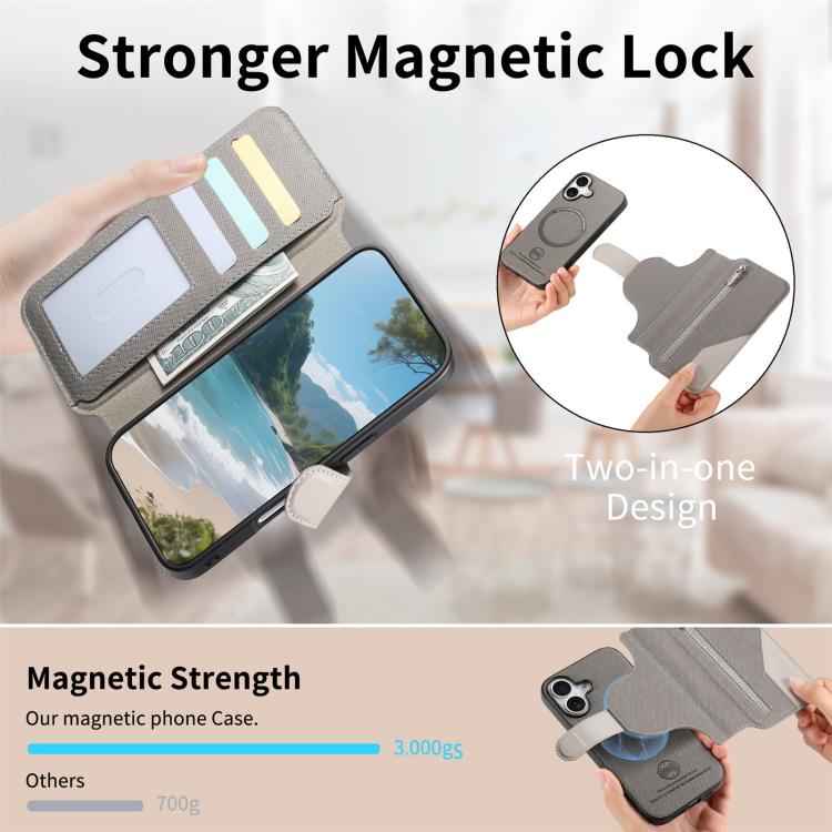 For iPhone 16 Plus Twill Fabric MagSafe RFID Anti-theft Zipper Wallet Leather Phone Case