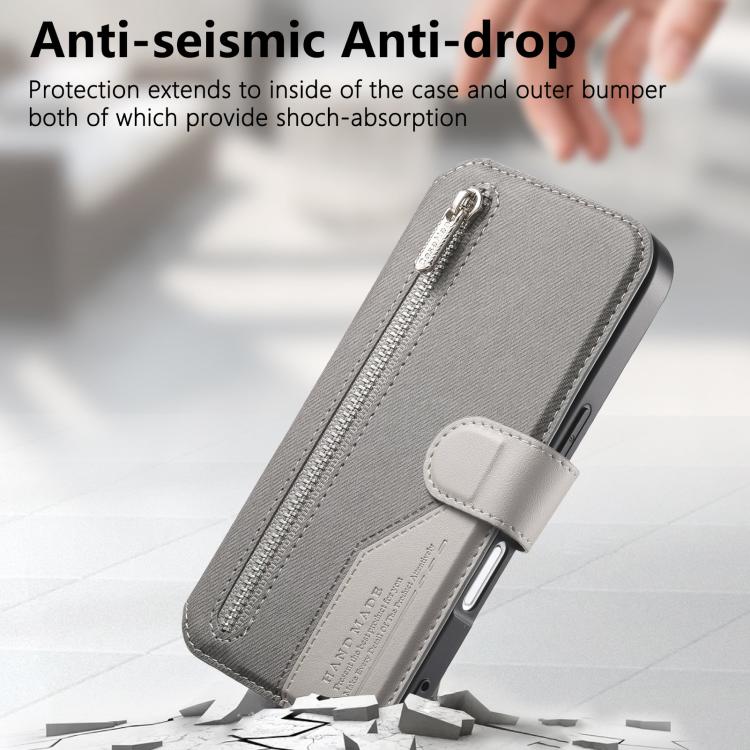 For iPhone 16 Plus Twill Fabric MagSafe RFID Anti-theft Zipper Wallet Leather Phone Case