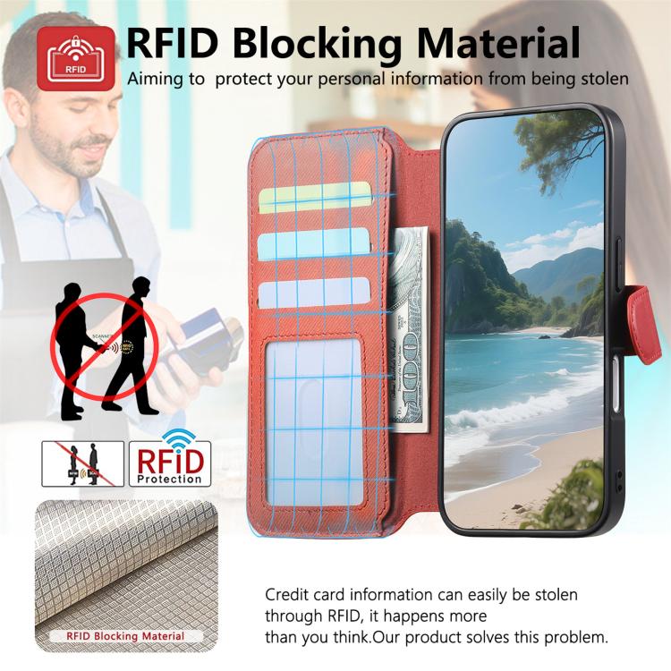 For iPhone 16 Plus Twill Fabric MagSafe RFID Anti-theft Zipper Wallet Leather Phone Case