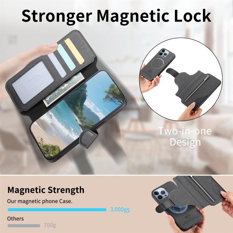 For iPhone 15 Pro Max Twill Fabric MagSafe RFID Anti-theft Zipper Wallet Leather Phone Case