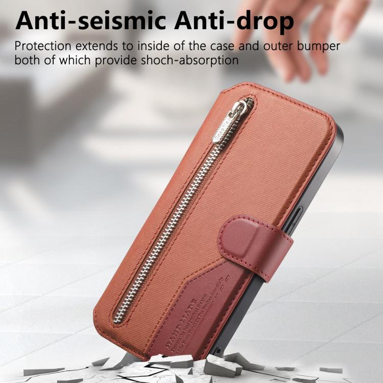 For iPhone 15 Pro Max Twill Fabric MagSafe RFID Anti-theft Zipper Wallet Leather Phone Case