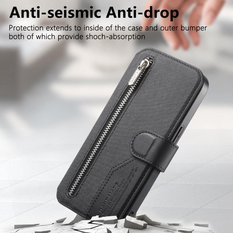 For iPhone 15 Plus Twill Fabric MagSafe RFID Anti-theft Zipper Wallet Leather Phone Case