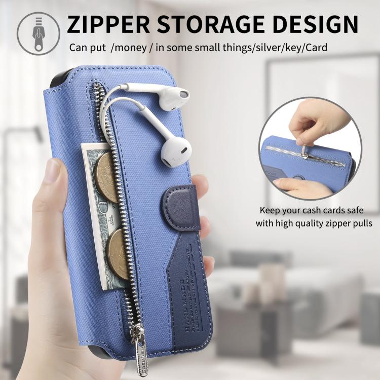 For iPhone 15 Plus Twill Fabric MagSafe RFID Anti-theft Zipper Wallet Leather Phone Case