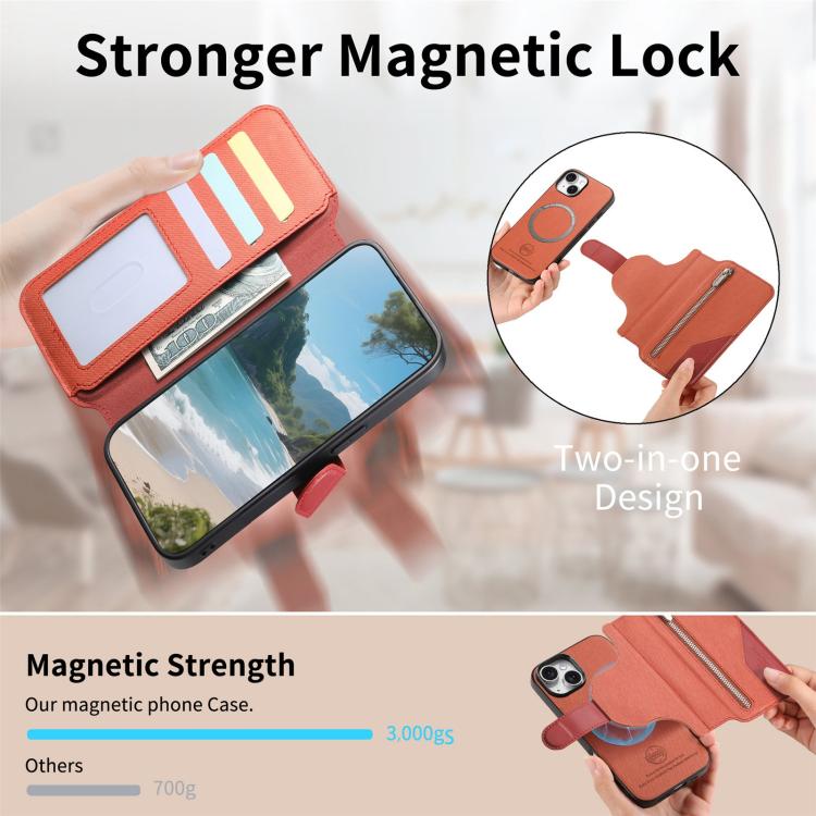 For iPhone 15 Plus Twill Fabric MagSafe RFID Anti-theft Zipper Wallet Leather Phone Case
