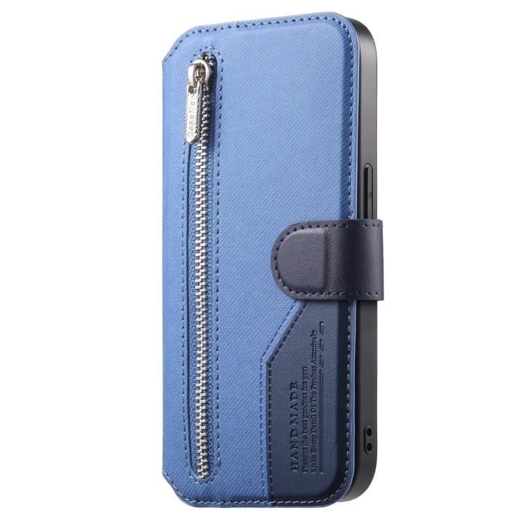 For iPhone 15 Twill Fabric MagSafe RFID Anti-theft Zipper Wallet Leather Phone Case