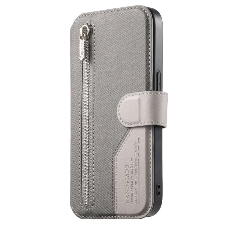 For iPhone 15 Twill Fabric MagSafe RFID Anti-theft Zipper Wallet Leather Phone Case